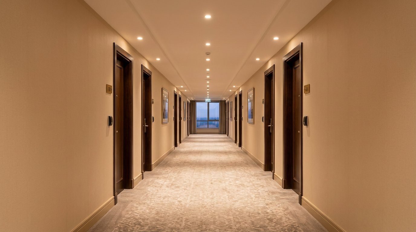 Corredor de hotel com papel bege